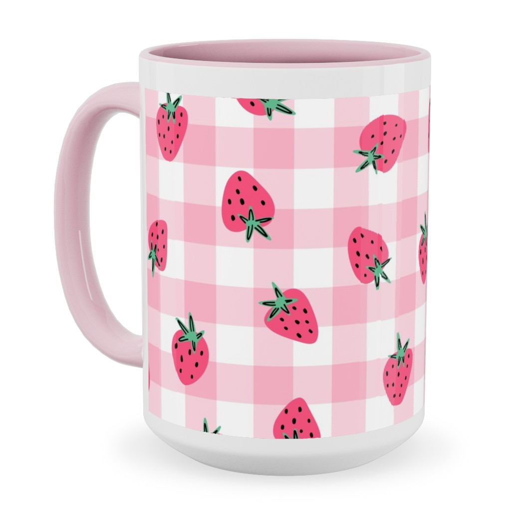 Summer Strawberry Gingham - Pink Ceramic Mug, Pink,  , 15oz, Pink
