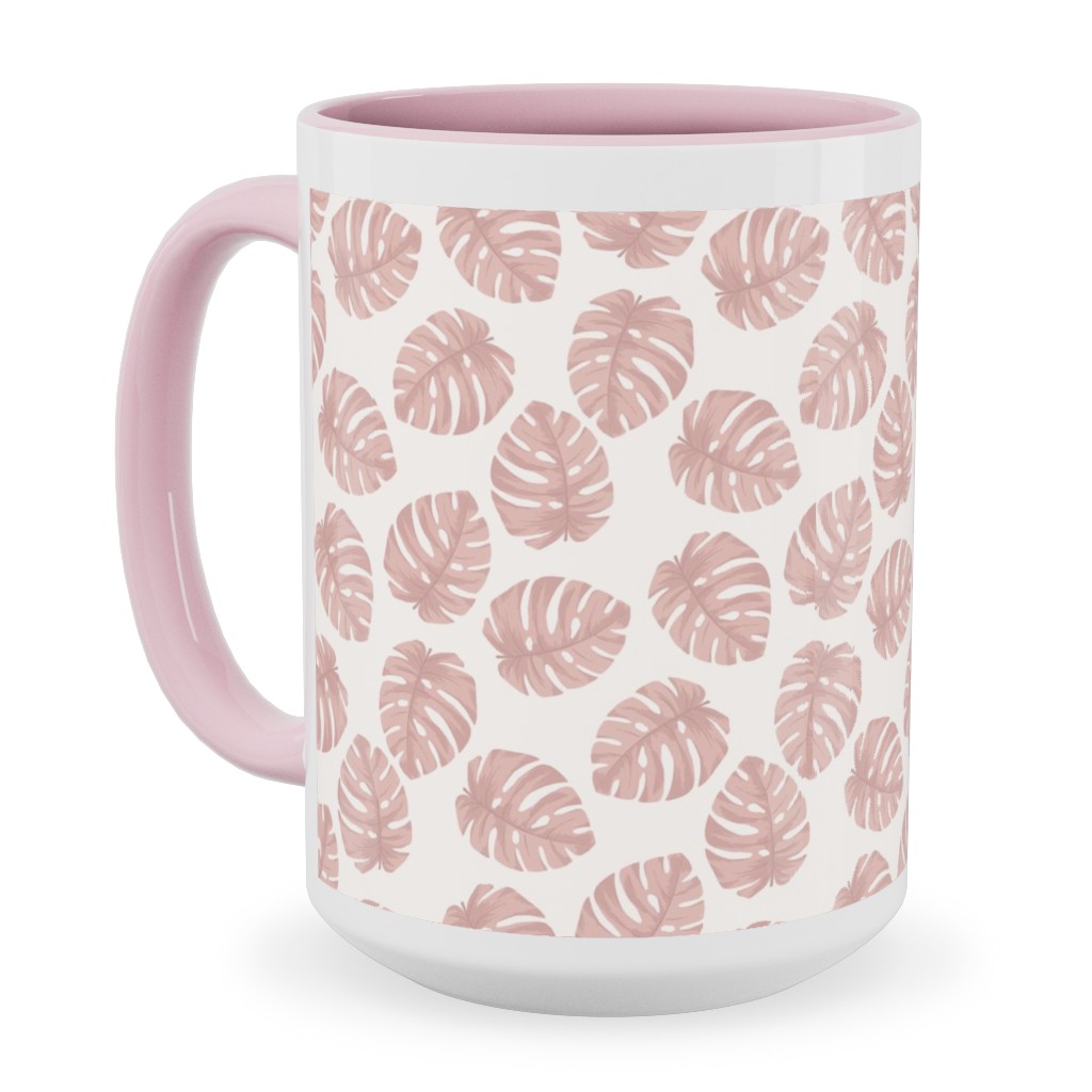 Boho Monstera Leaf - Light Pink on Off White Ceramic Mug, Pink, , 15oz, Pink, Bright Pink