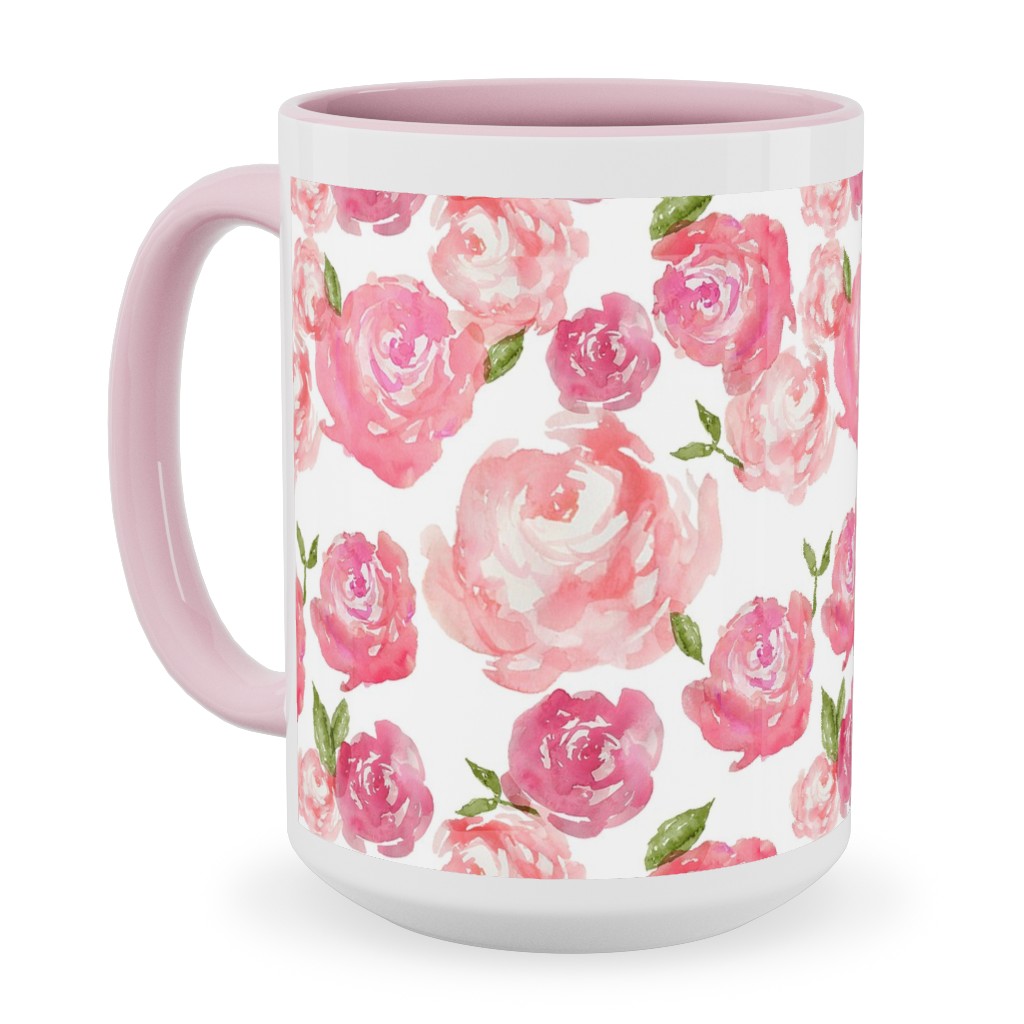 Watercolor Floral - Pink Ceramic Mug, Pink, , 15oz, Pink, Bright Pink