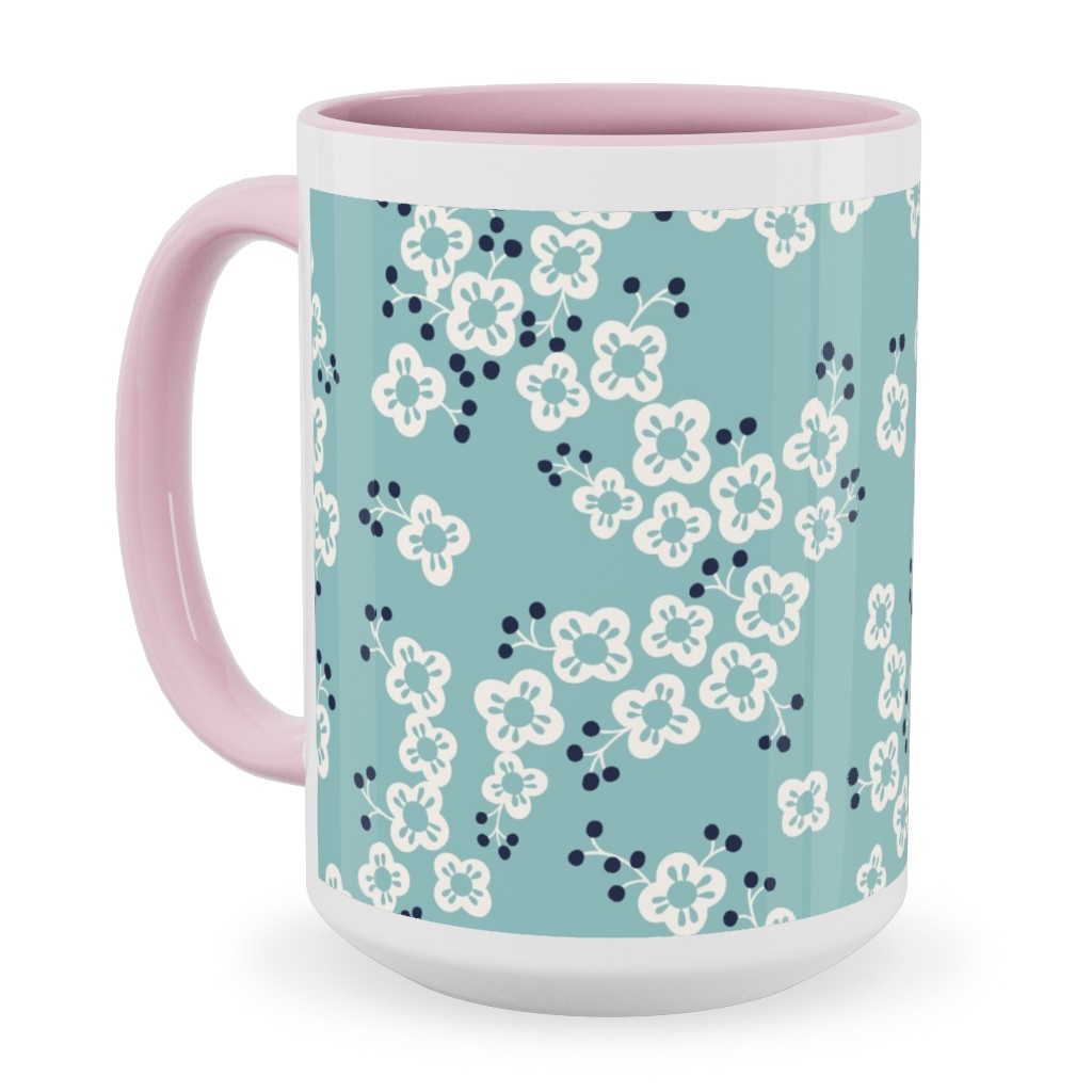 Japanese Blossom - Blue Ceramic Mug, Pink, , 15oz, Blue, True Blue