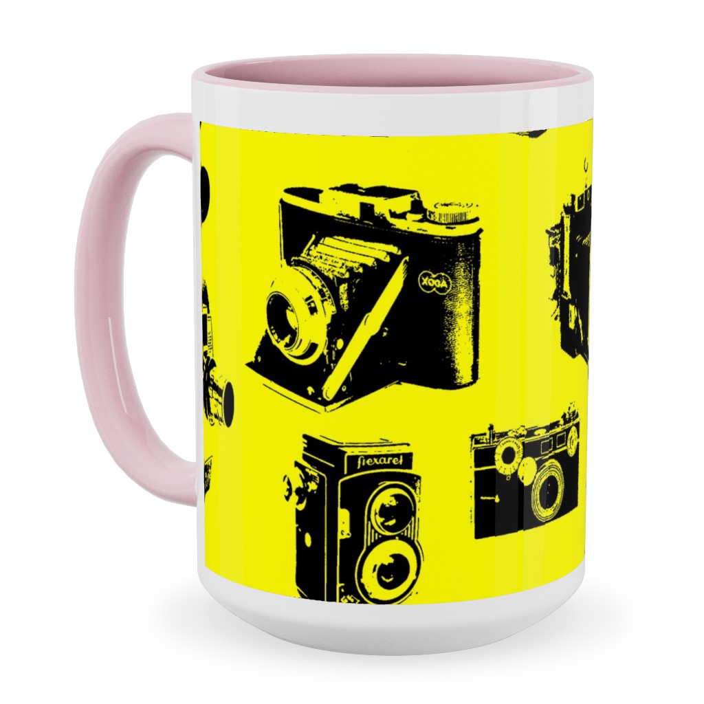 Retro Cameras Ceramic Mug, Pink, , 15oz, Yellow, Sunshine