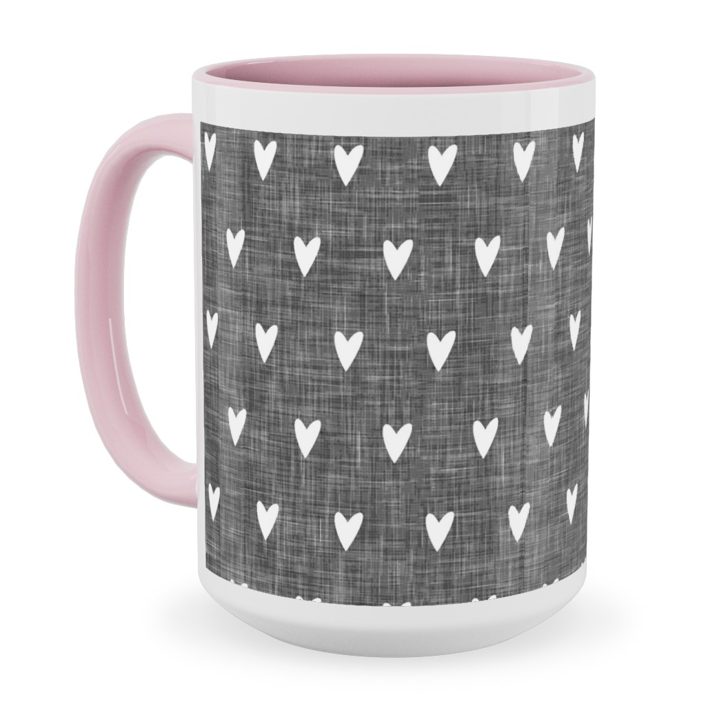 Hearts on Grey Linen Ceramic Mug, Pink,  , 15oz, Gray