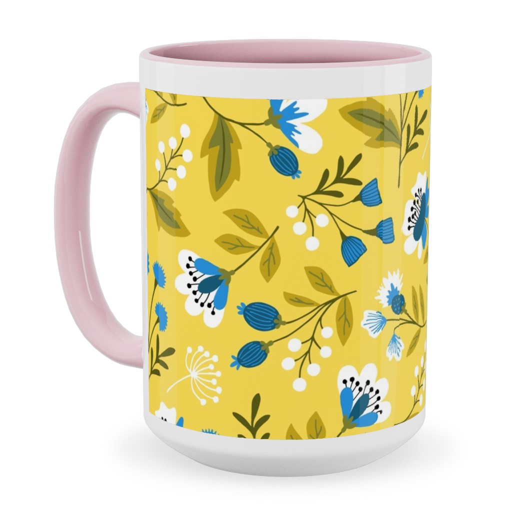 Colorful Spring Flowers - Blue on Yellow Ceramic Mug, Pink,  , 15oz, Yellow