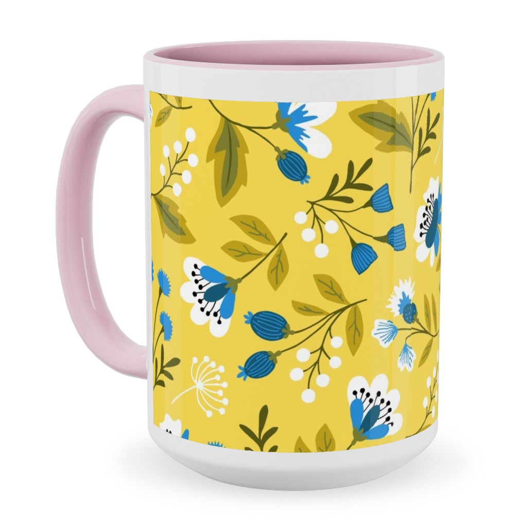 Colorful Spring Flowers - Blue on Yellow Ceramic Mug, Pink, , 15oz, Yellow, Classic Yellow