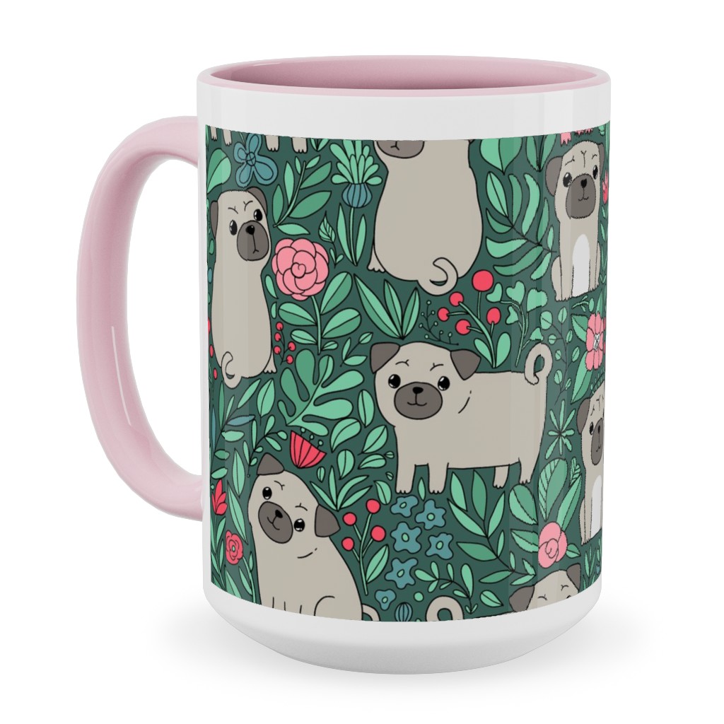Cute Pugs and Flowers - Multicolor Ceramic Mug, Pink, , 15oz, Green, Classic Green