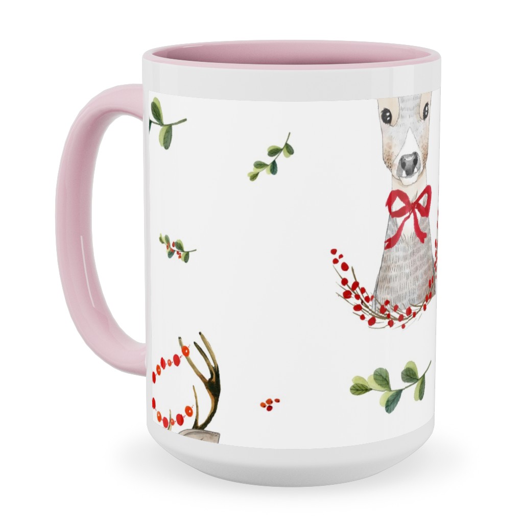 Holiday Fancy Deer With Holly Ceramic Mug, Pink,  , 15oz, Multicolor