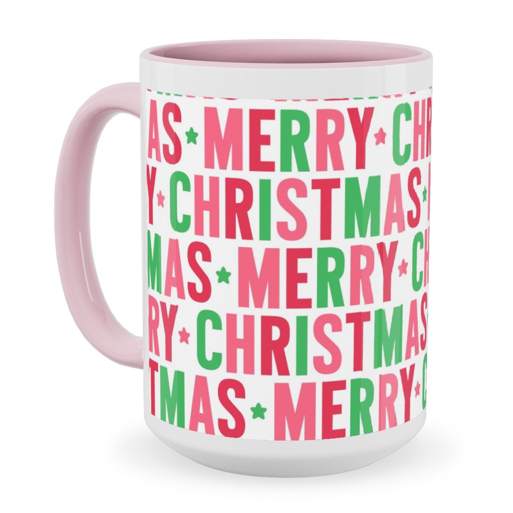 Merry Christmas Uppercase - Green, Pink, Red Ceramic Mug, Pink,  , 15oz, Multicolor