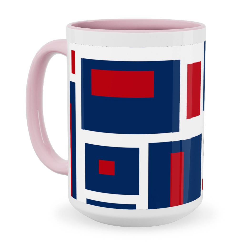 Geometric Rectangles in Red, White and Blue Ceramic Mug, Pink,  , 15oz, Blue