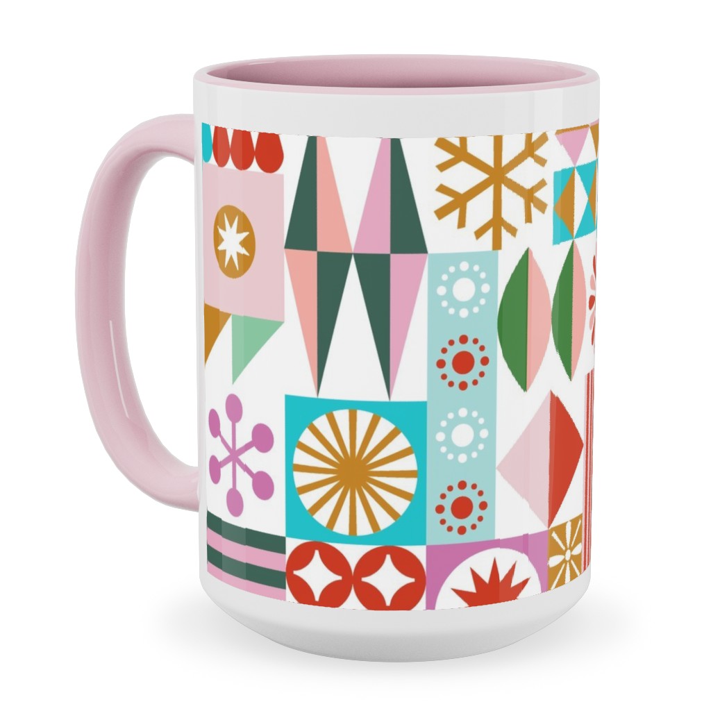 Santa's Workshop Geometric Stars Snowflakes Grid Holiday Stripes - Multi Ceramic Mug, Pink,  , 15oz, Multicolor