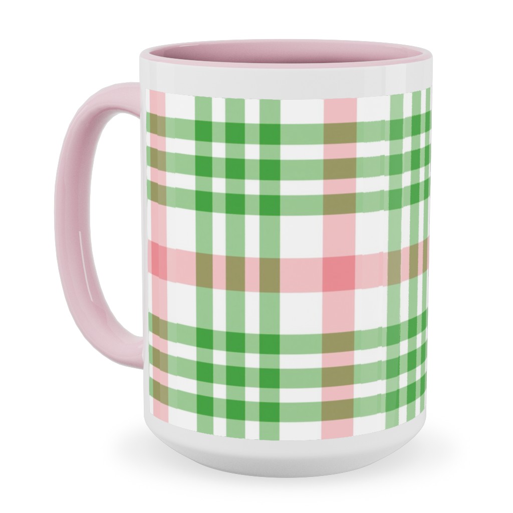 Pink, Green, and White Plaid Ceramic Mug, Pink,  , 15oz, Green
