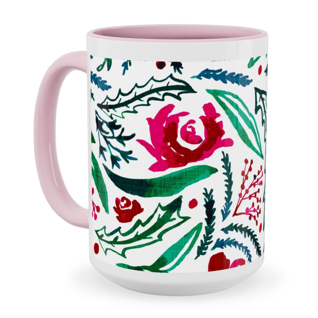Noel Collection - Loose Floral Ceramic Mug, Pink, , 15oz, Multicolor
