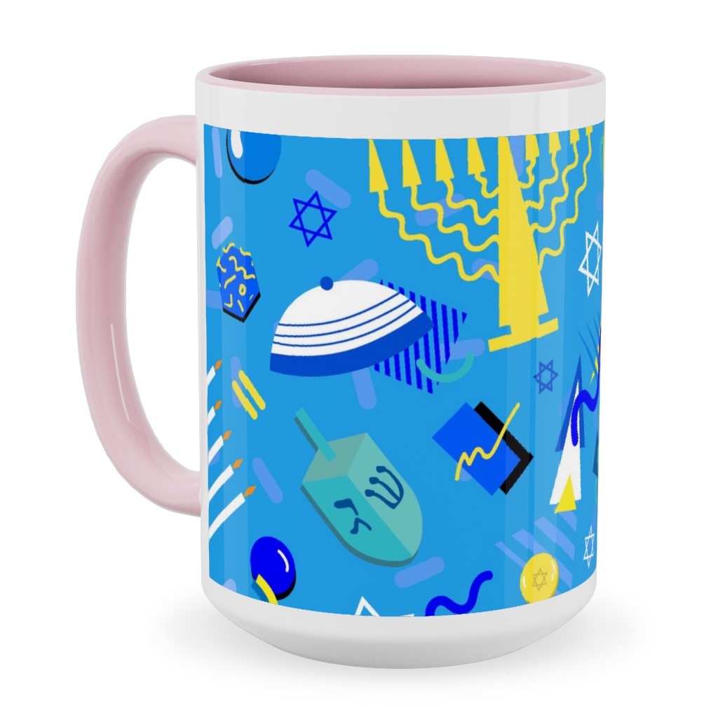 80s Hanukkah Celebration - Blue Ceramic Mug, Pink, , 15oz, Blue, True Blue