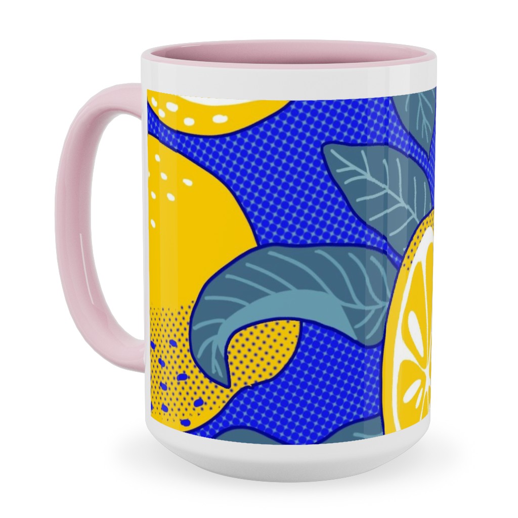 Lemons Pop Art - Blue and Yellow Ceramic Mug, Pink, , 15oz, Yellow, Classic Yellow