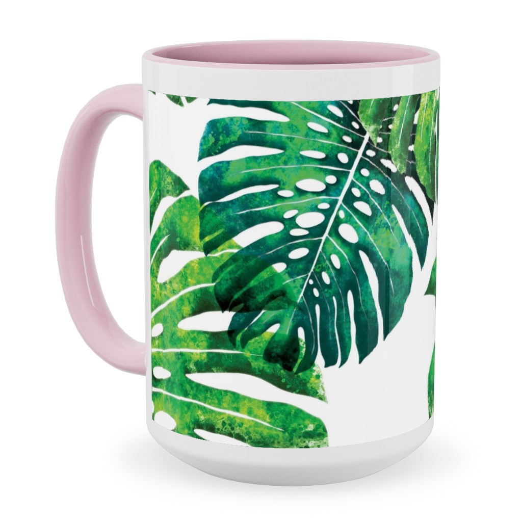 Monstera Leaves - Green on White Ceramic Mug, Pink, , 15oz, Green, Classic Green