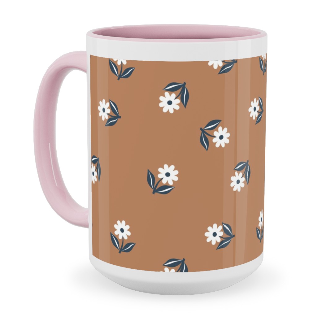 Romantic Boho Daisy Flowers - Scandinavian Print - Caramel Brown Blue Ceramic Mug, Pink, , 15oz, Orange, Orange