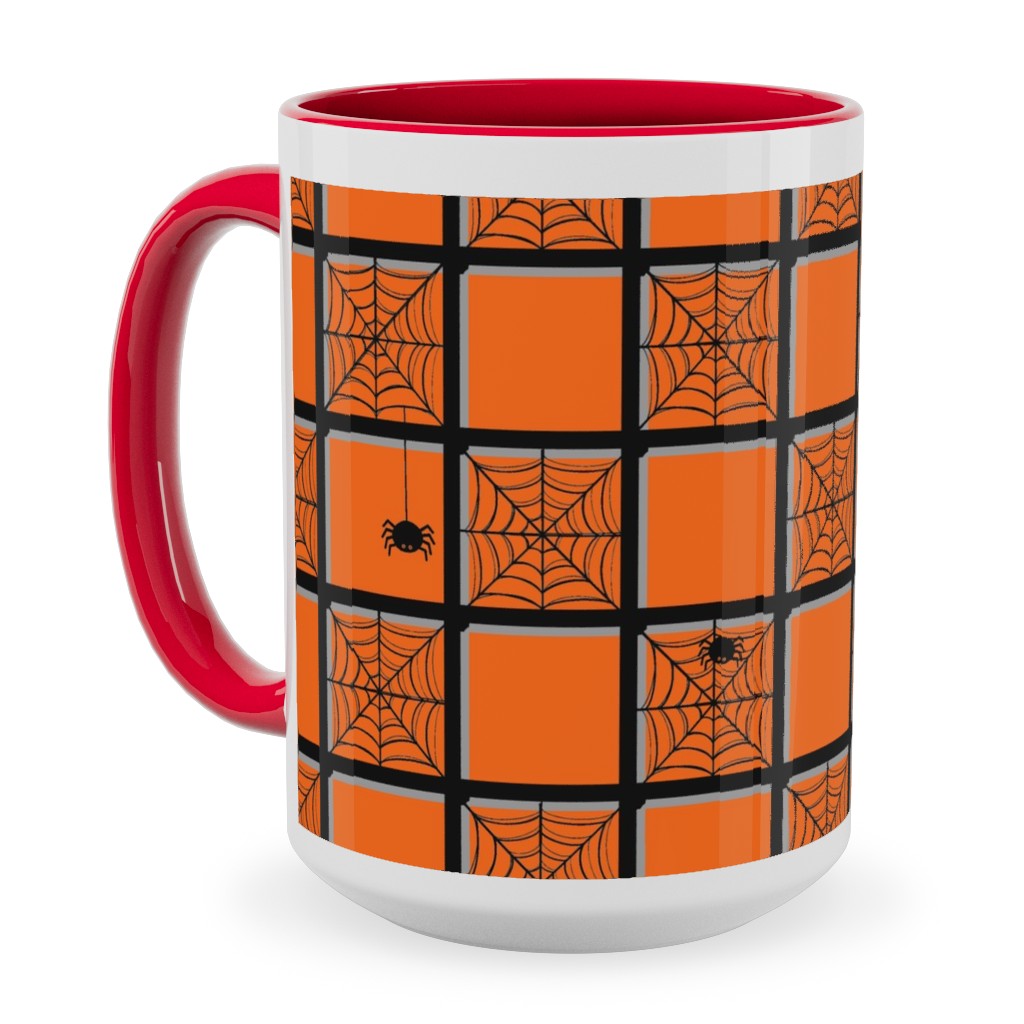 Orange Plaid Spider Webs Ceramic Mug, Red, , 15oz, Orange, Orange