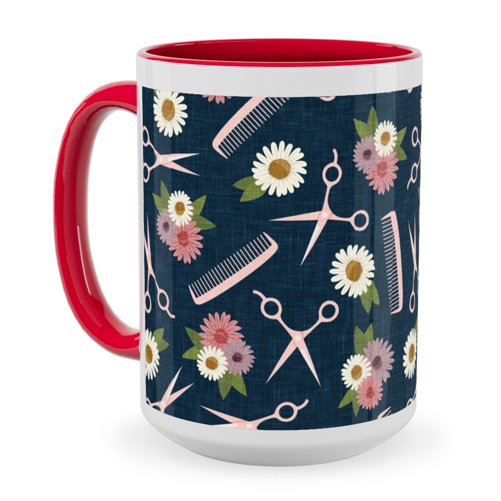 Floral Shears and Combs - Pink & Blue Ceramic Mug, Red, , 15oz, Pink, Bright Pink
