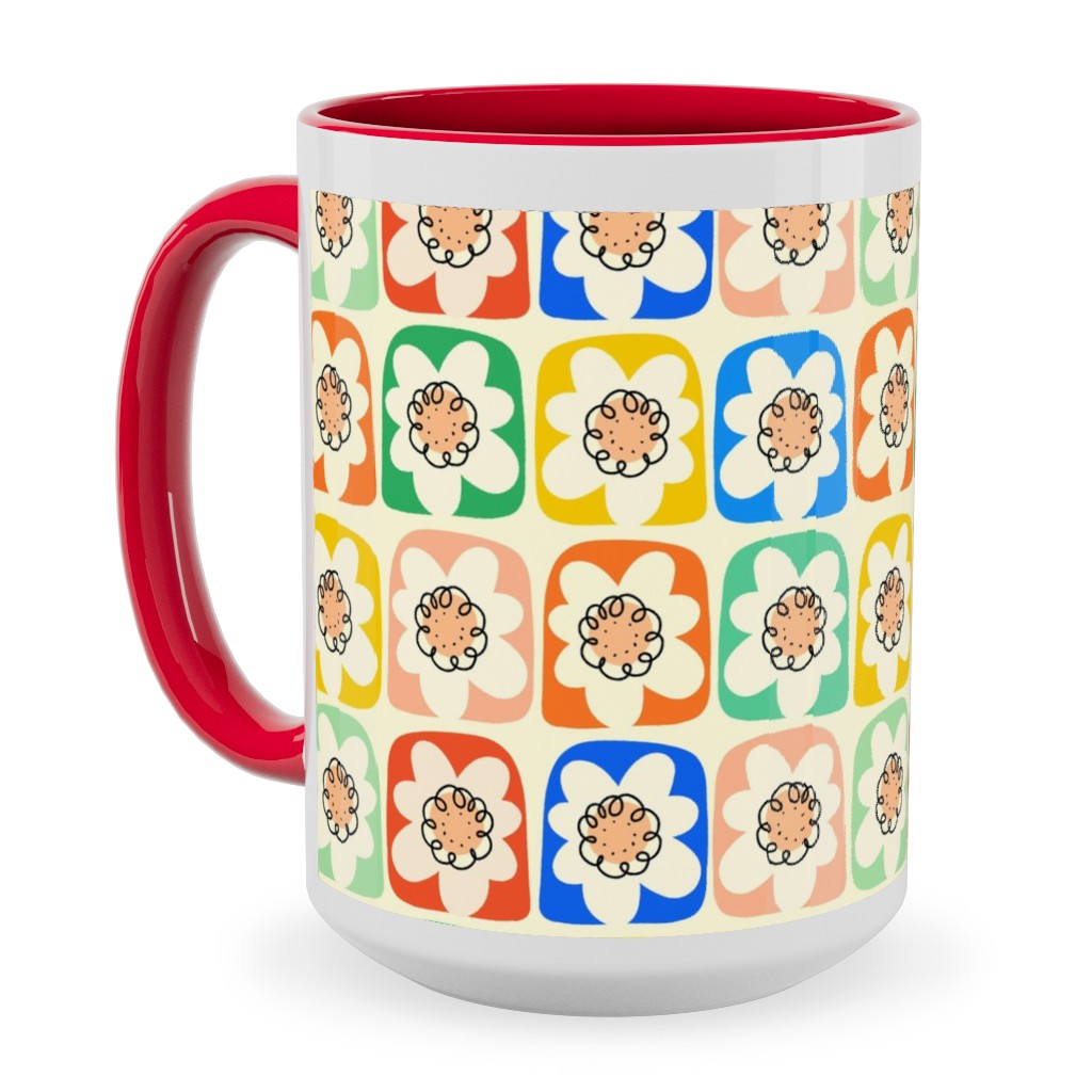 Abstract Retro Flower Doodle Squares - Multi Ceramic Mug, Red,  , 15oz, Multicolor