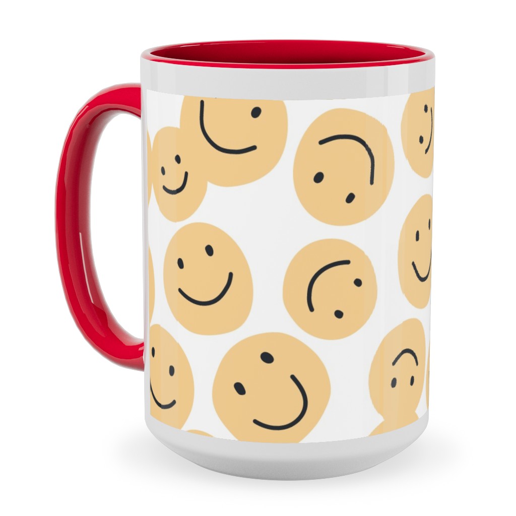Happy Smiley Faces - Yellow Ceramic Mug, Red, , 15oz, Yellow, Classic Yellow