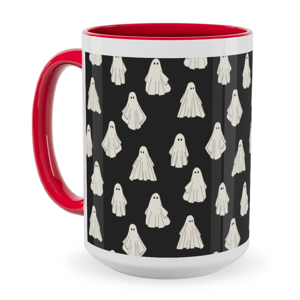 Spooky Halloween Vintage Ghosts - White on Black Ceramic Mug, Red, , 15oz, Black, Black