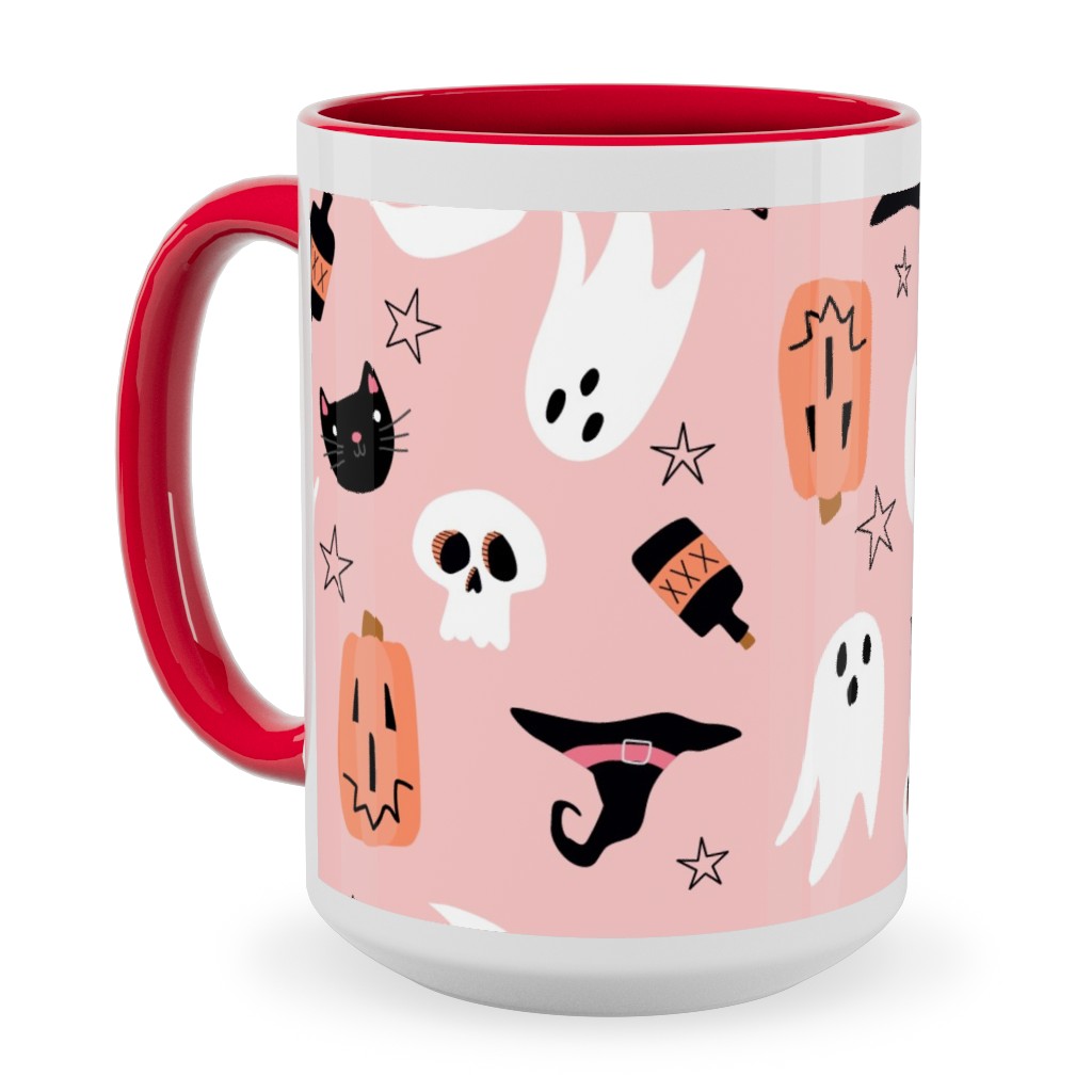 Sweet Halloween Pumpkin, Witch, Ghost, Cat Ceramic Mug, Red, , 15oz, Pink, Bright Pink