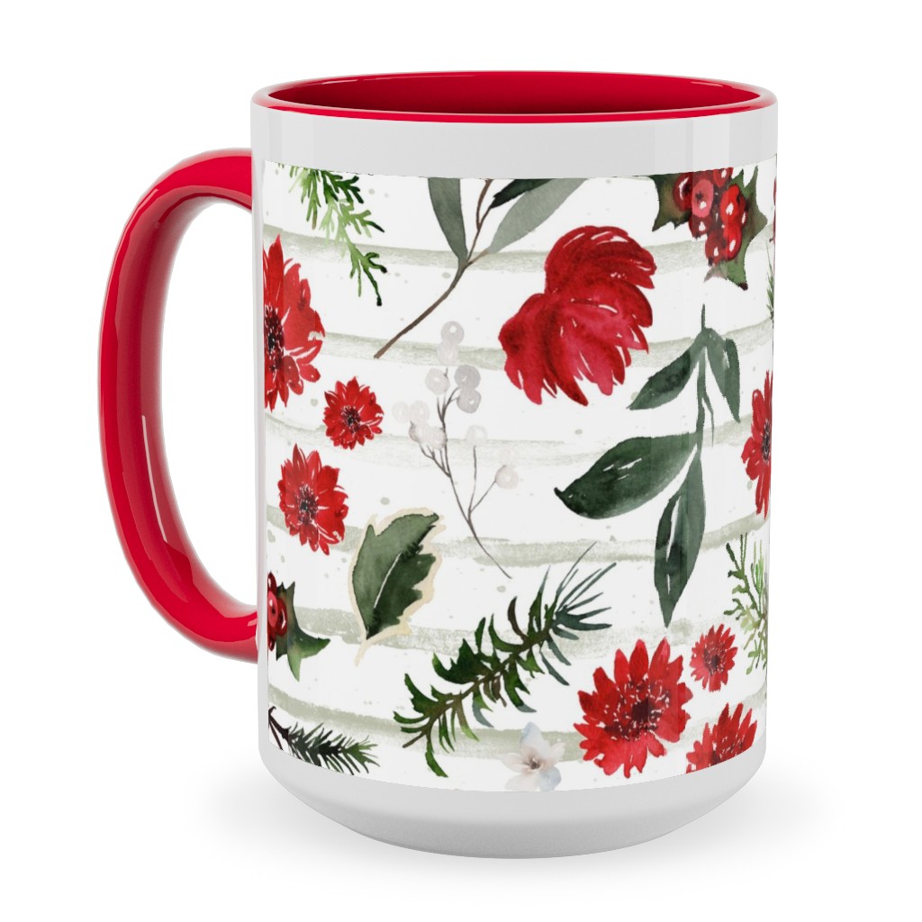 Jolly Christmas Florals - Mint Sage Stripes Ceramic Mug, Red, , 15oz, Multicolor