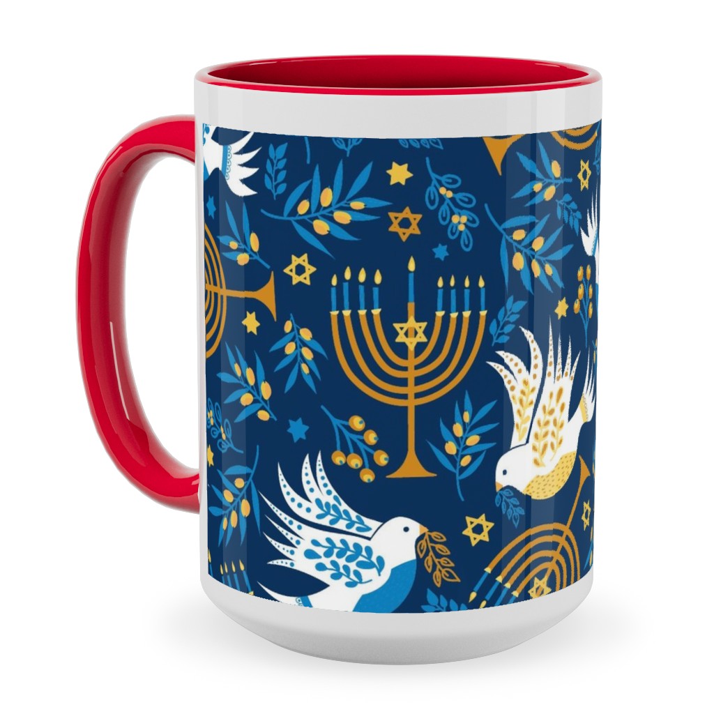 Hanukkah Birds and Menorahs - Dark Blue Ceramic Mug, Red,  , 15oz, Blue