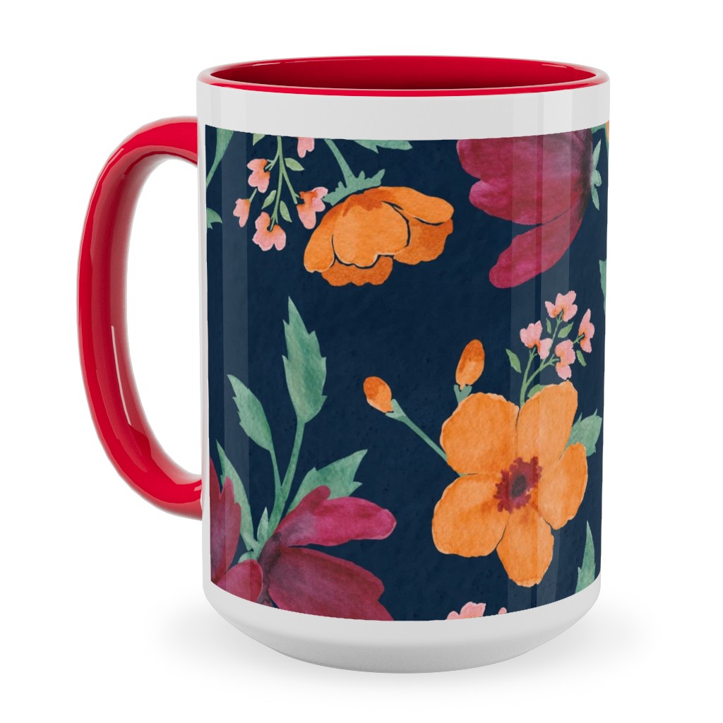 Watercolor Autumn Florals - Navy Ceramic Mug, Red, , 15oz, Multicolor