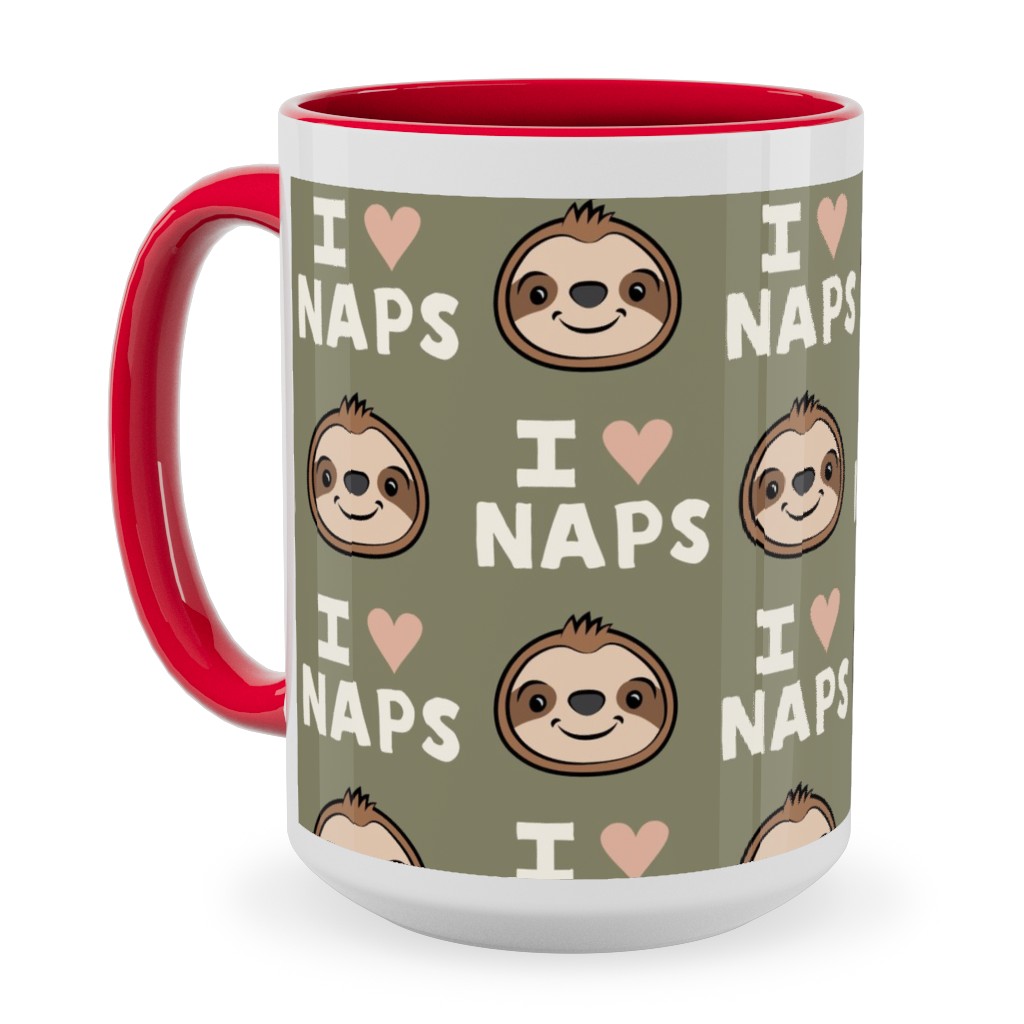 I Heart Naps - Cute Sloths - Olive Green Ceramic Mug, Red, , 15oz, Green, Classic Green