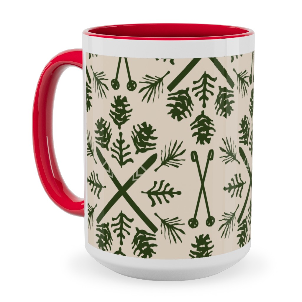 Winter Ski Season - Pine and Tan Ceramic Mug, Red,  , 15oz, Green