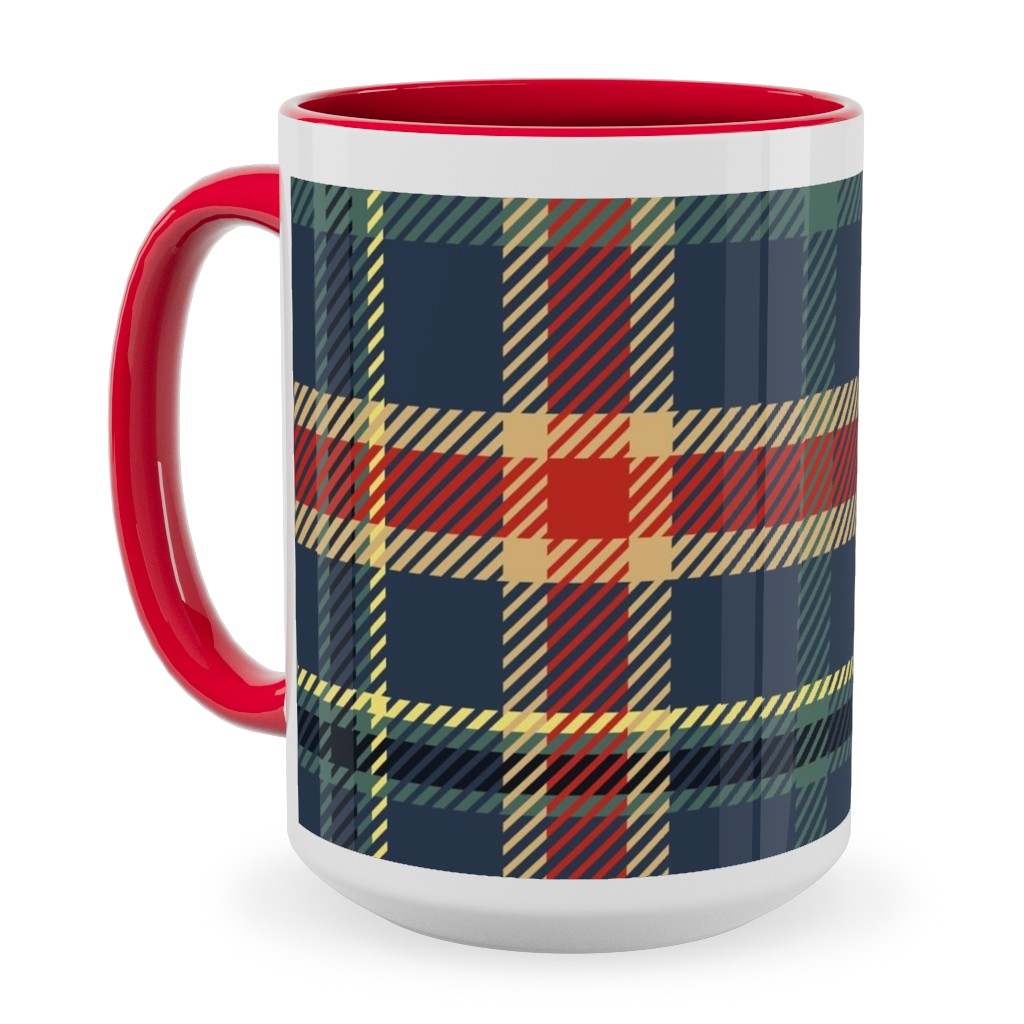 Navy Blue and Pine Plaid Ceramic Mug, Red, , 15oz, Multicolor