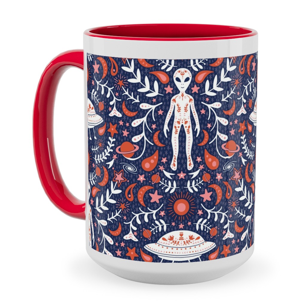 Folk Art Alien Ceramic Mug, Red, , 15oz, Multicolor, Baltic
