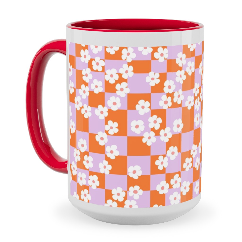 Checkered Daisies Retro - Orange and Pink Ceramic Mug, Red,  , 15oz, Multicolor