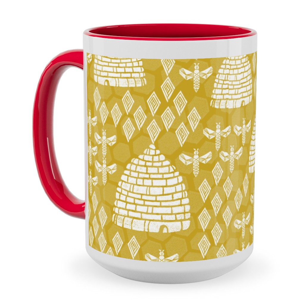 Bee Hives, Spring Florals Linocut Block Printed - Golden Yellow Ceramic Mug, Red,  , 15oz, Yellow