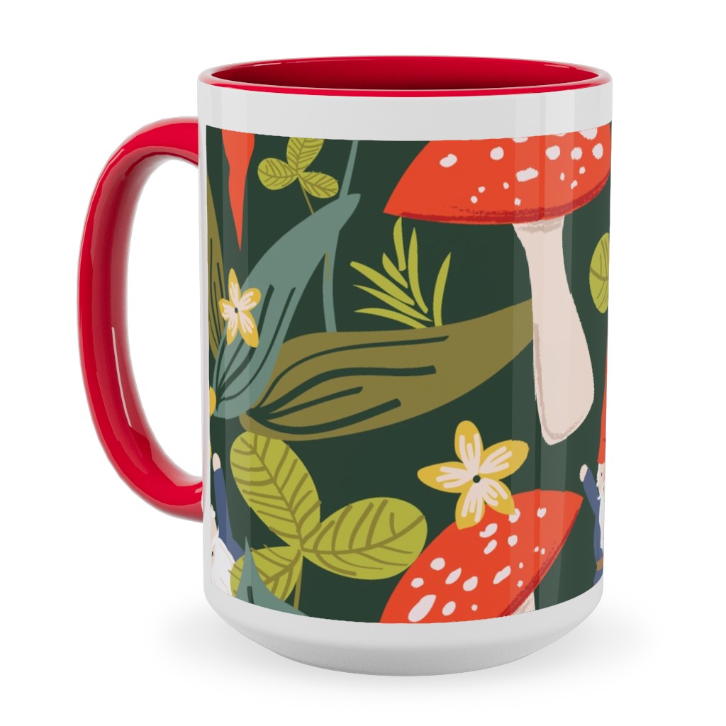 Woodland Gnomes & Mushrooms - Green Ceramic Mug, Red,  , 15oz, Green