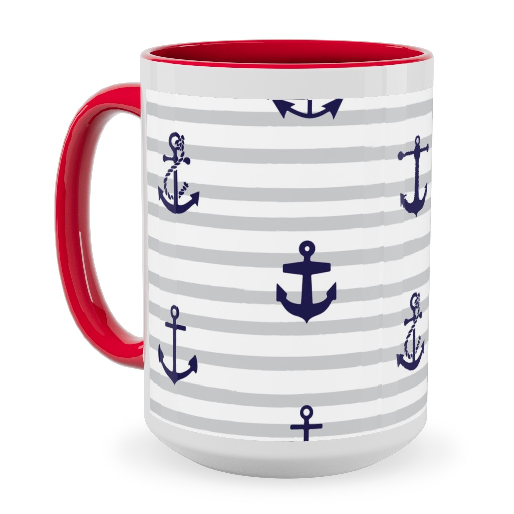 Anchors Away - Black on Gray Stripes Ceramic Mug, Red,  , 15oz, Gray