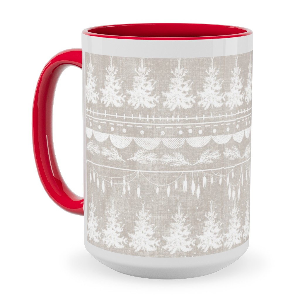 Vintage Christmas Stripe Ceramic Mug, Red,  , 15oz, Gray