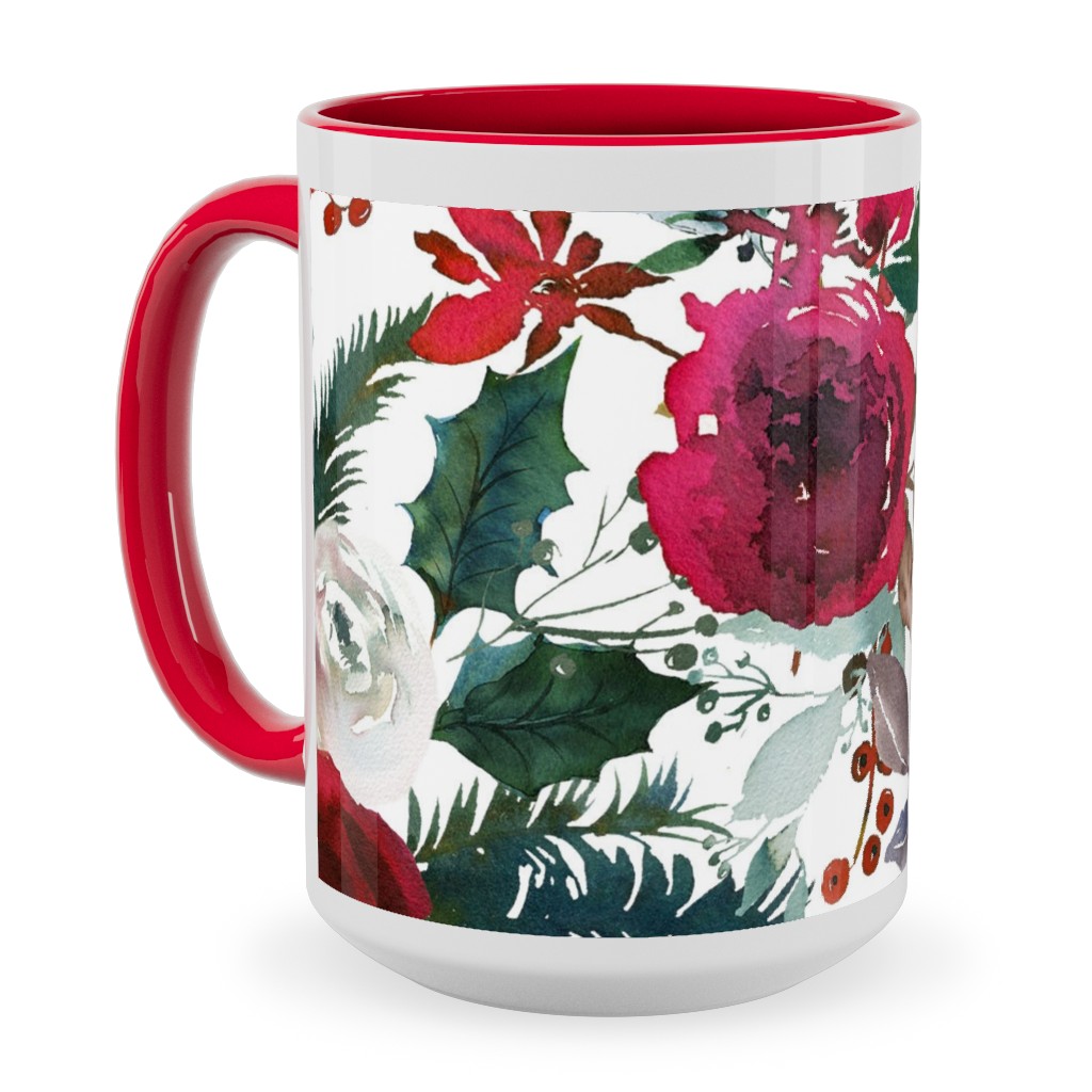 Holiday Florals Red on White Ceramic Mug, Red, , 15oz, Multicolor