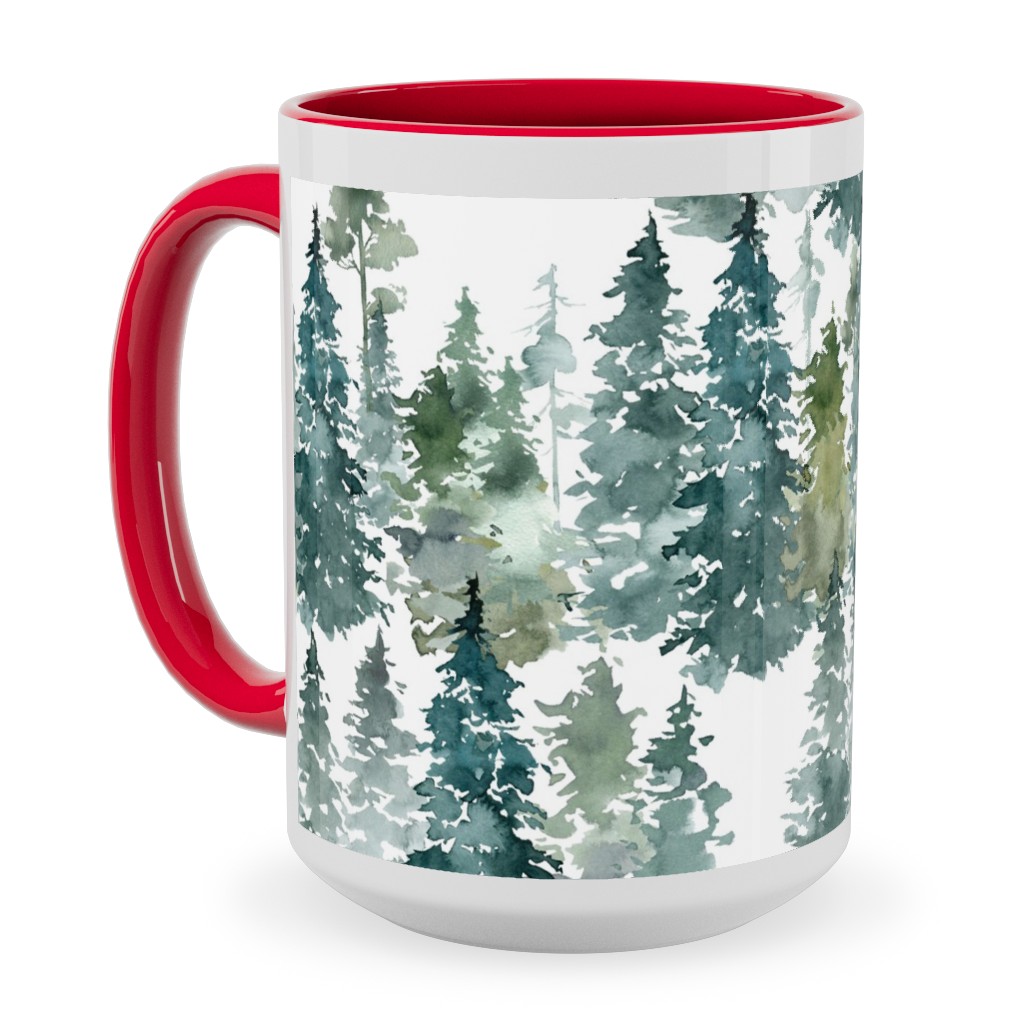 Woodland Trees Watercolor - White Ceramic Mug, Red, , 15oz, Green, Classic Green