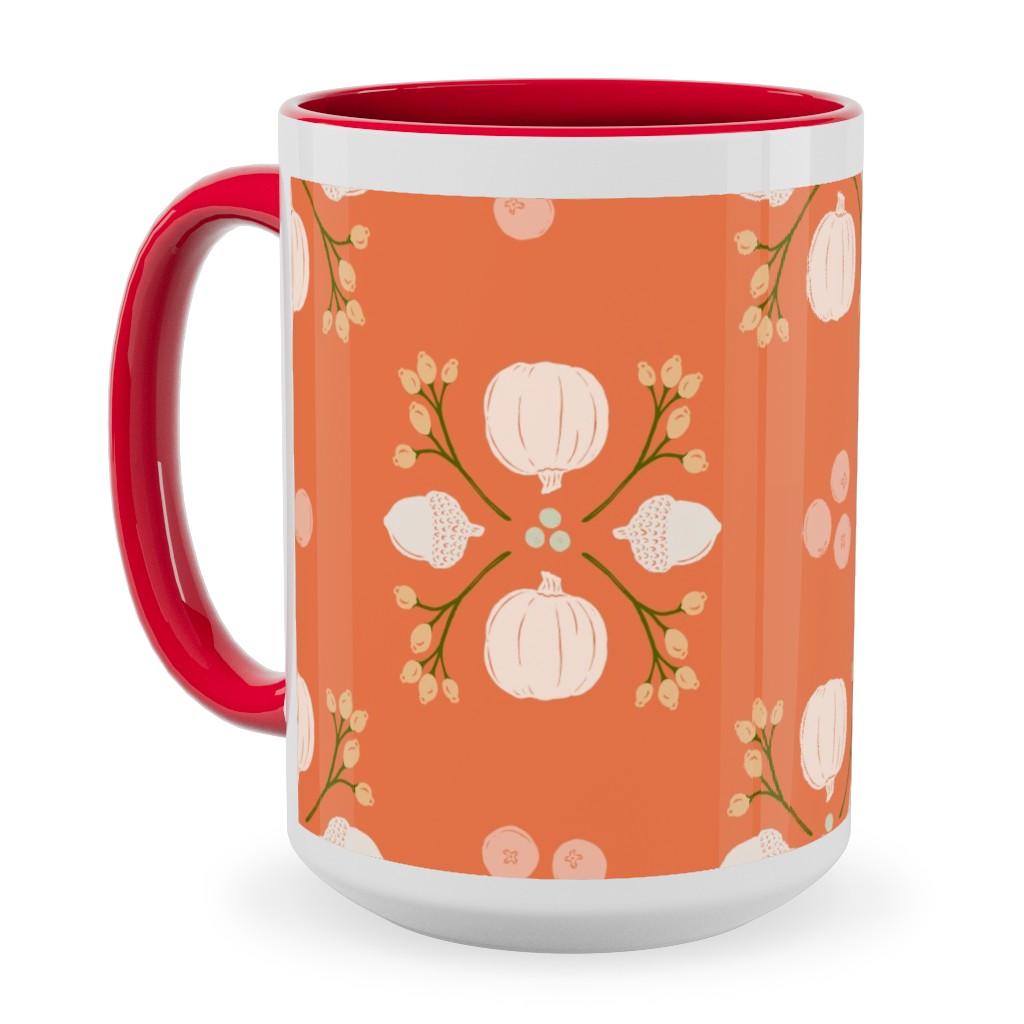 Bright Orange Acorn, Cranberry, & Pumpkin Fall Foliage Damask Ceramic Mug, Red, , 15oz, Orange, Orange