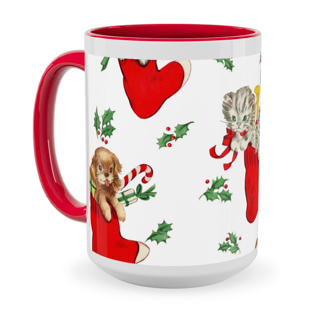 Vintage Christmas Kittens and Puppies Ceramic Mug, Red,  , 15oz, Multicolor