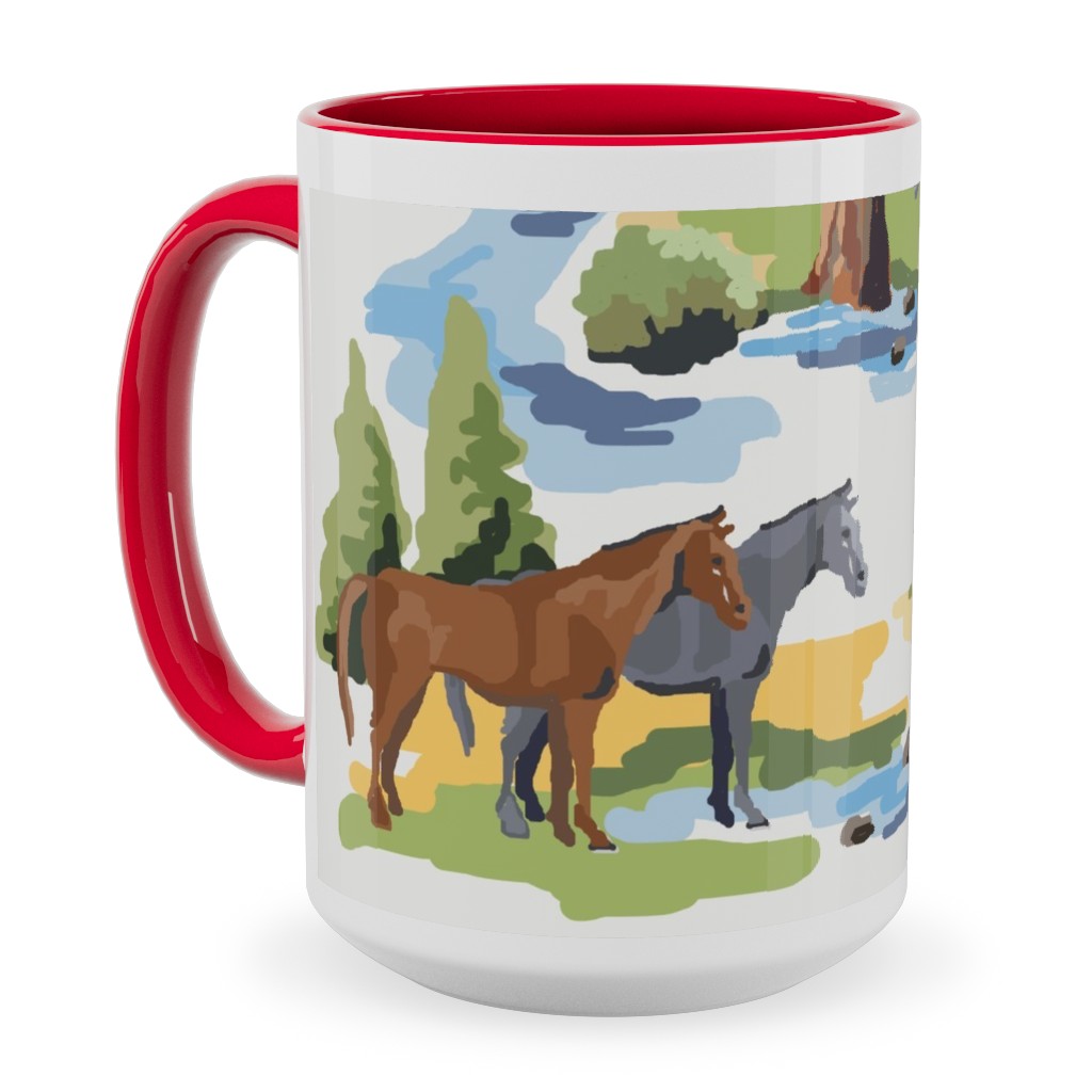 Horses and a Meadow - Multicolor Ceramic Mug, Red,  , 15oz, Multicolor