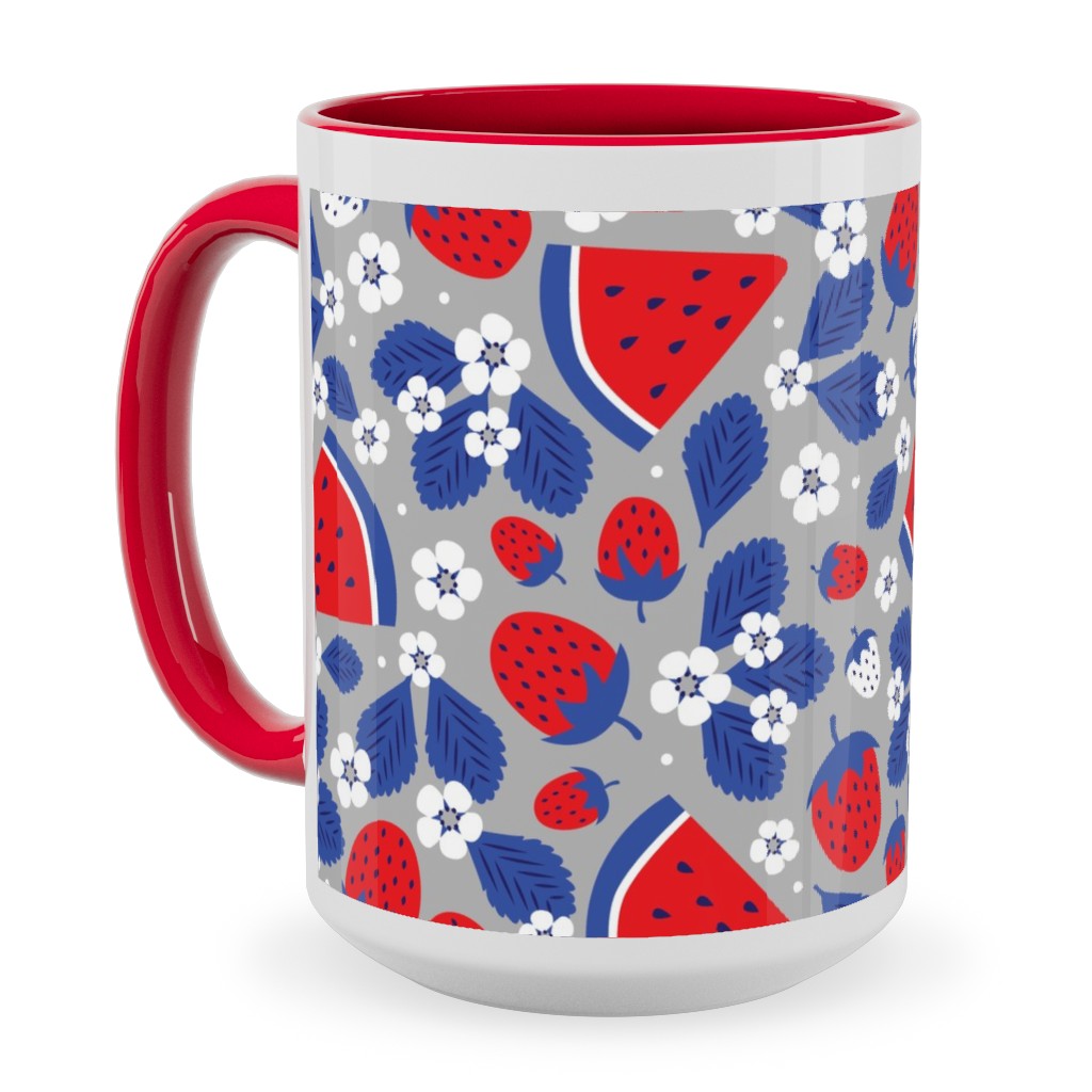Summer Strawberries and Melons - Red, White and Blue Ceramic Mug, Red, , 15oz, Multicolor