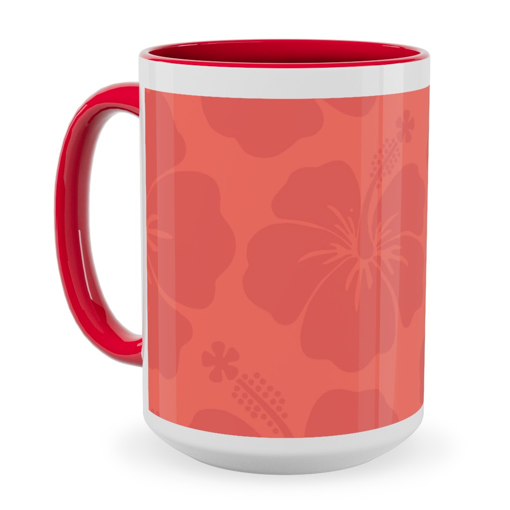 Hibiscus Florals - Coral and Red Ceramic Mug, Red, , 15oz, Pink, Bright Pink