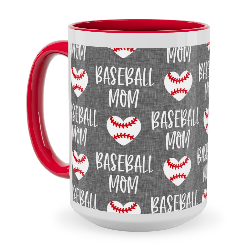 Baseball Mom - Baseball Heart - White on Grey Ceramic Mug, Red, , 15oz, Gray, Gray