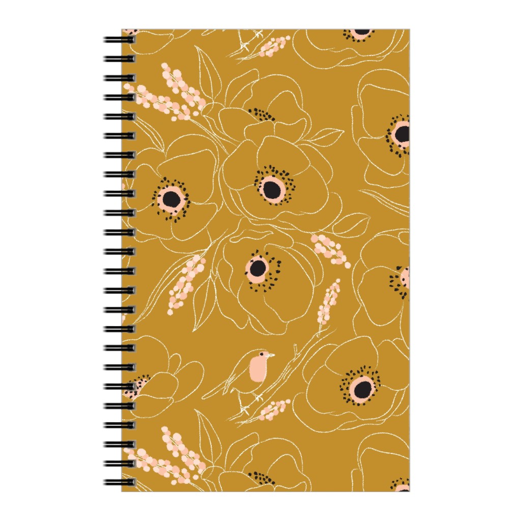 Freehand Robin & Winter Blooms - Gold Notebook, 5x8, Yellow