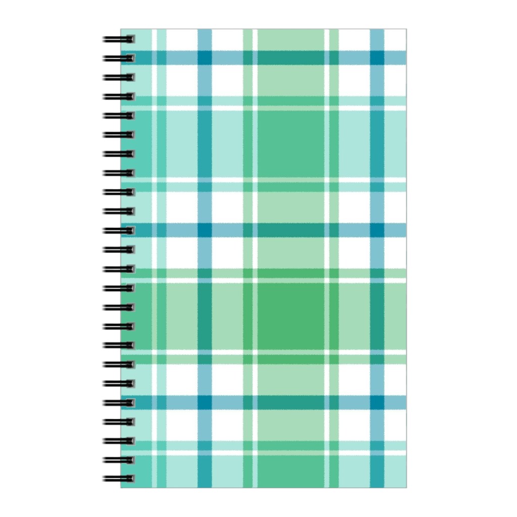 Blue, Green, Turquoise, and White Plaid Notebook, 5x8, Green