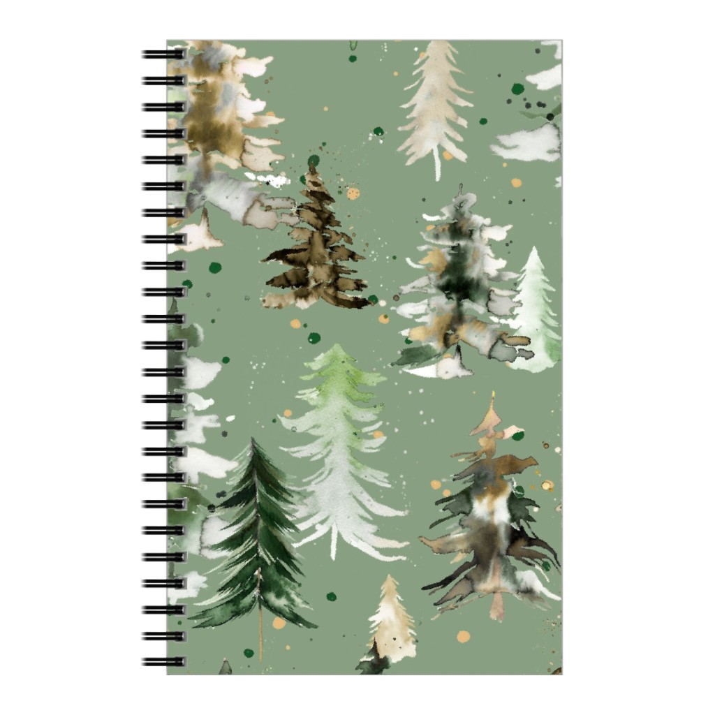 Watercolor Pines and Spruces Christmas - Green Notebook, 5x8, Green