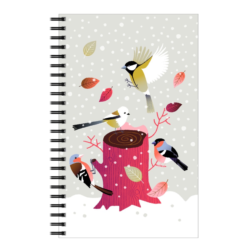 Winter Birds on Tree Stump - Red & Gray Notebook, 5x8, Multicolor