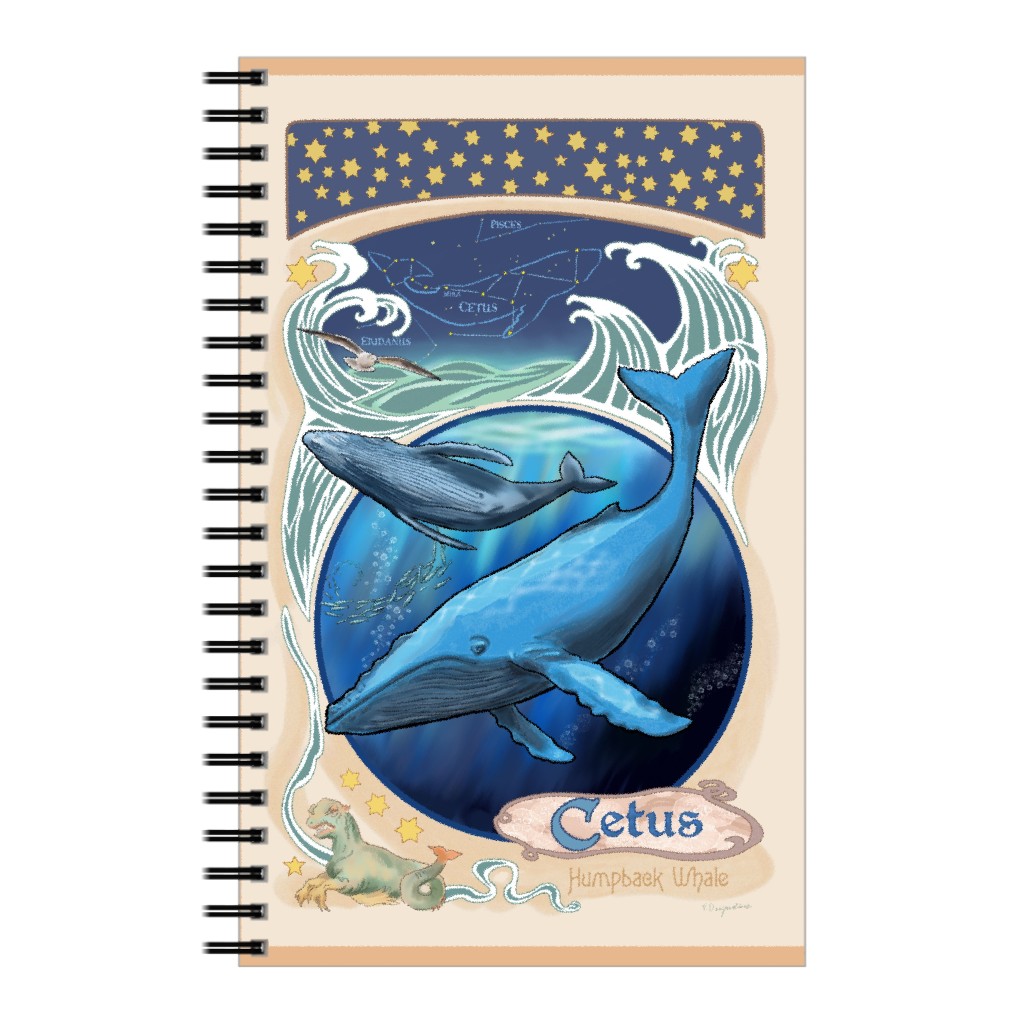 Art Nouveau Cetus the Humpback Whale Notebook, 5x8, Blue